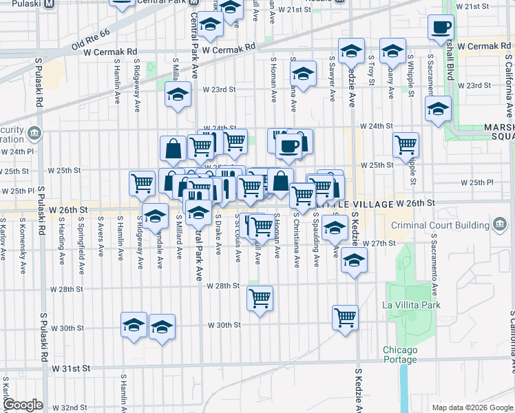 map of restaurants, bars, coffee shops, grocery stores, and more near W 26th St & S Trumbull Ave in Chicago