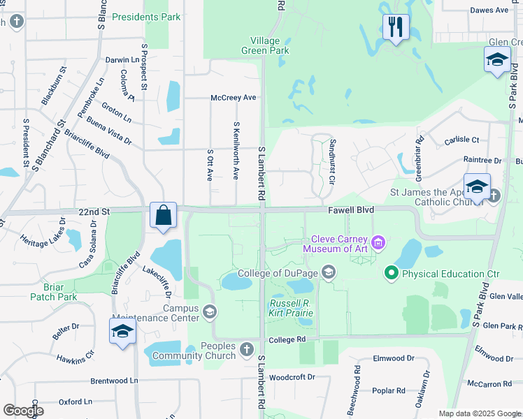 map of restaurants, bars, coffee shops, grocery stores, and more near 22nd Street & South Lambert Road in Glen Ellyn