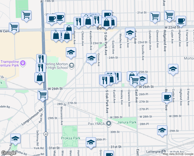 map of restaurants, bars, coffee shops, grocery stores, and more near 2529 Kenilworth Avenue in Berwyn