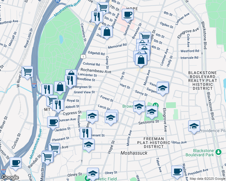 map of restaurants, bars, coffee shops, grocery stores, and more near 167 Evergreen Street in Providence