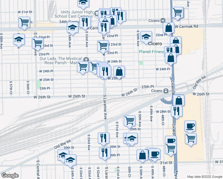 map of restaurants, bars, coffee shops, grocery stores, and more near 5132 West 26th Street in Cicero
