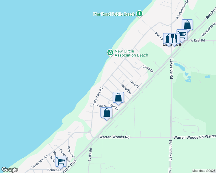 map of restaurants, bars, coffee shops, grocery stores, and more near 9324 Sunset Lane in Three Oaks