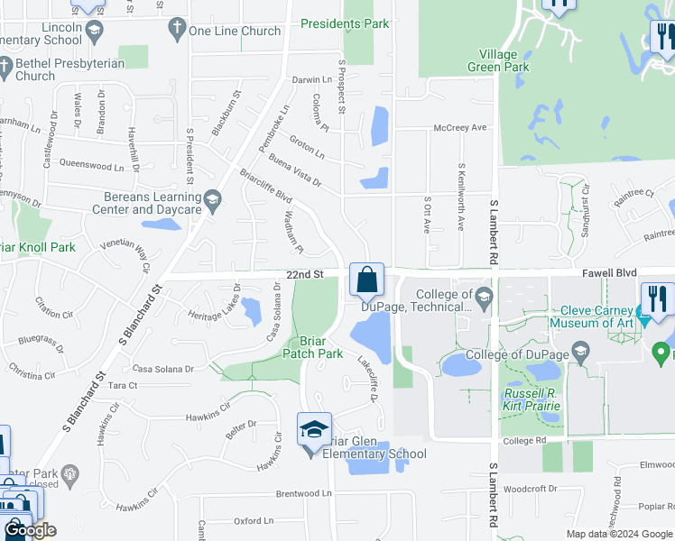 map of restaurants, bars, coffee shops, grocery stores, and more near 22nd Street in Wheaton