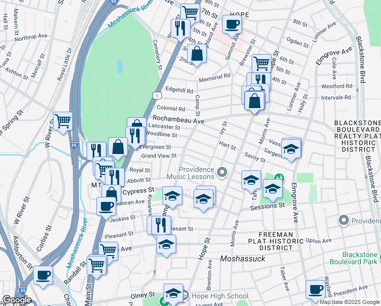 map of restaurants, bars, coffee shops, grocery stores, and more near 14 Forest Street in Providence