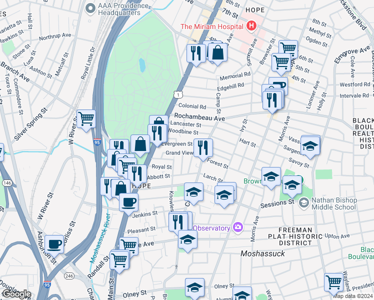 map of restaurants, bars, coffee shops, grocery stores, and more near 27 Peach Avenue in Providence
