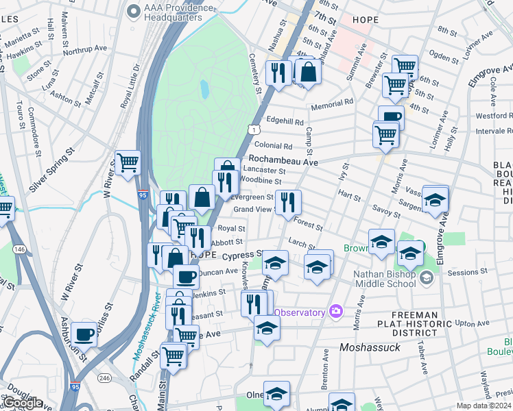 map of restaurants, bars, coffee shops, grocery stores, and more near 127 Knowles Street in Providence