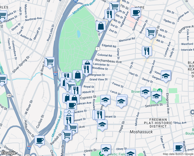 map of restaurants, bars, coffee shops, grocery stores, and more near 127 Knowles Street in Providence