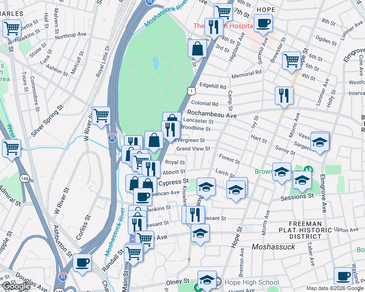 map of restaurants, bars, coffee shops, grocery stores, and more near 127 Knowles Street in Providence