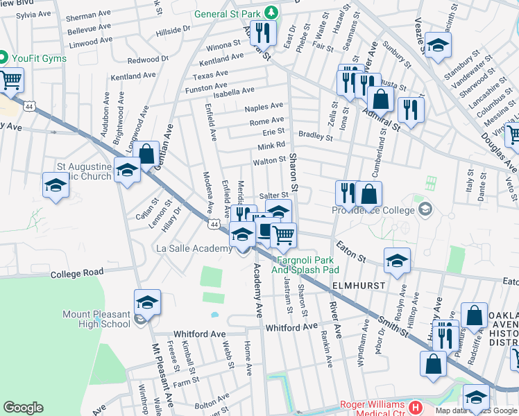 map of restaurants, bars, coffee shops, grocery stores, and more near 697 Academy Avenue in Providence