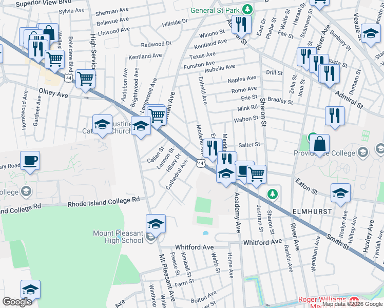 map of restaurants, bars, coffee shops, grocery stores, and more near 20 Cathedral Avenue in Providence