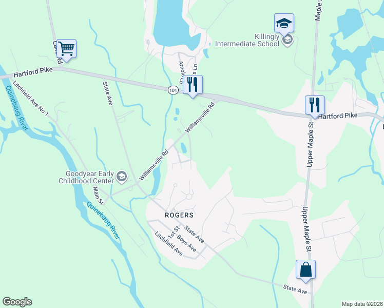map of restaurants, bars, coffee shops, grocery stores, and more near 500 Lindenwood Drive in Killingly