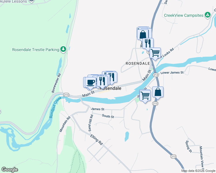 map of restaurants, bars, coffee shops, grocery stores, and more near 401 Main Street in Kingston