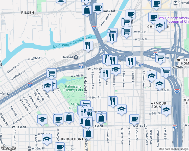 map of restaurants, bars, coffee shops, grocery stores, and more near 2713 South Emerald Avenue in Chicago