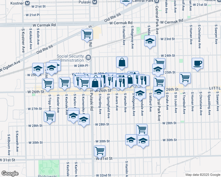 map of restaurants, bars, coffee shops, grocery stores, and more near 3849 West 26th Street in Chicago