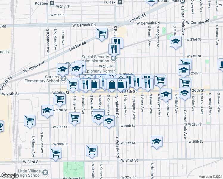 map of restaurants, bars, coffee shops, grocery stores, and more near 4054 West 26th Street in Chicago