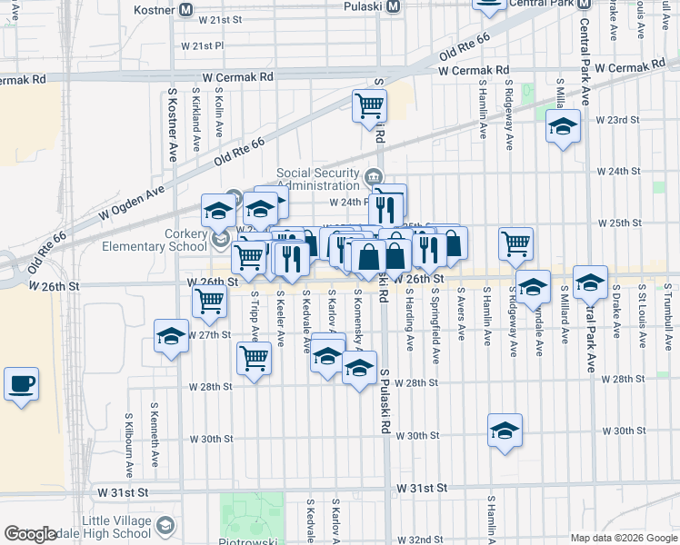 map of restaurants, bars, coffee shops, grocery stores, and more near 4054 West 26th Street in Chicago