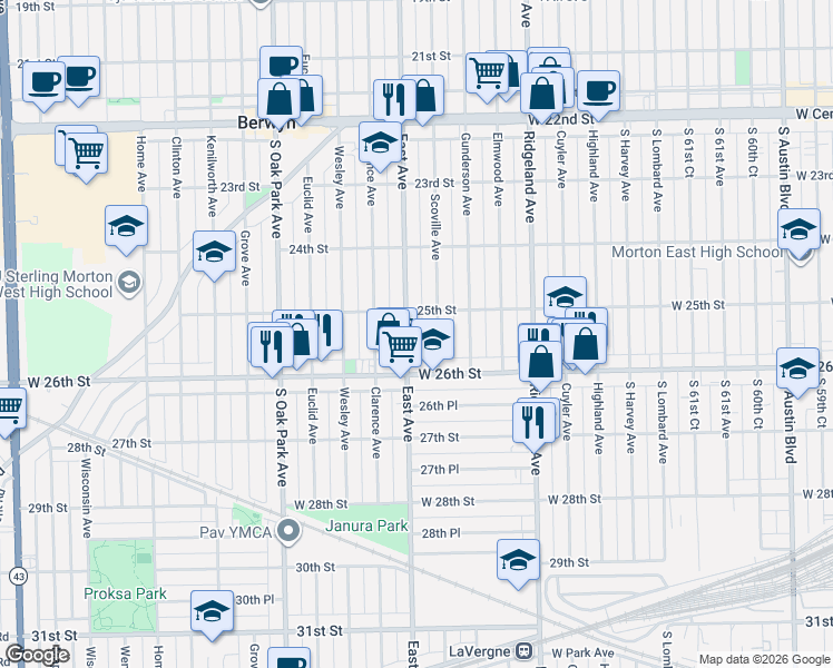map of restaurants, bars, coffee shops, grocery stores, and more near 6620 26th Street in Berwyn