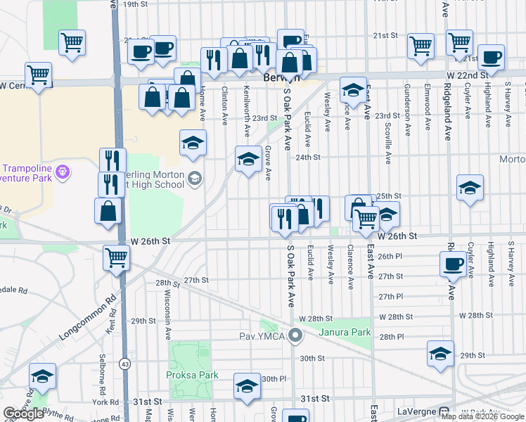 map of restaurants, bars, coffee shops, grocery stores, and more near 2529 Kenilworth Avenue in Berwyn