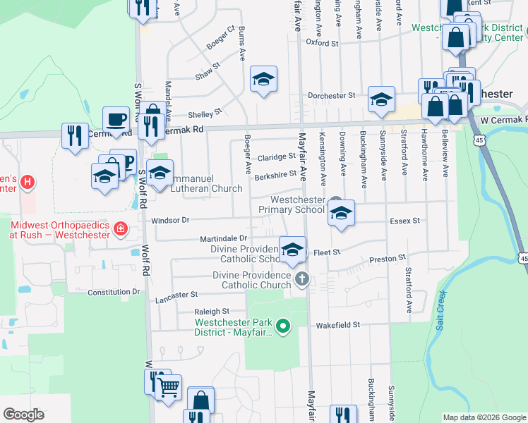 map of restaurants, bars, coffee shops, grocery stores, and more near 10849 Windsor Drive in Westchester