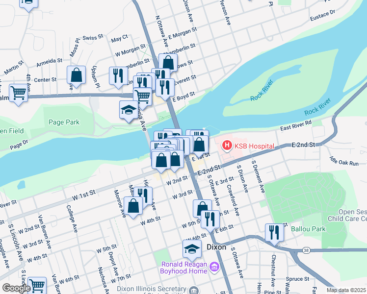map of restaurants, bars, coffee shops, grocery stores, and more near 105 East 1st Street in Dixon