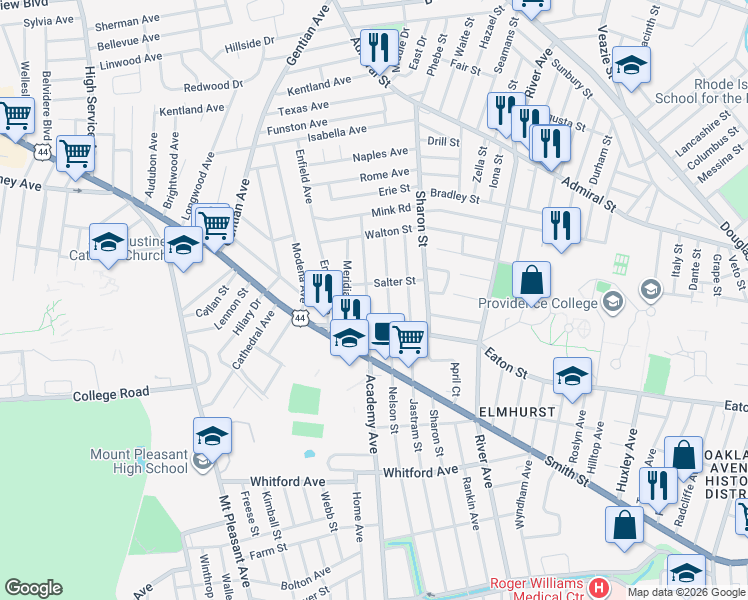 map of restaurants, bars, coffee shops, grocery stores, and more near 697 Academy Avenue in Providence