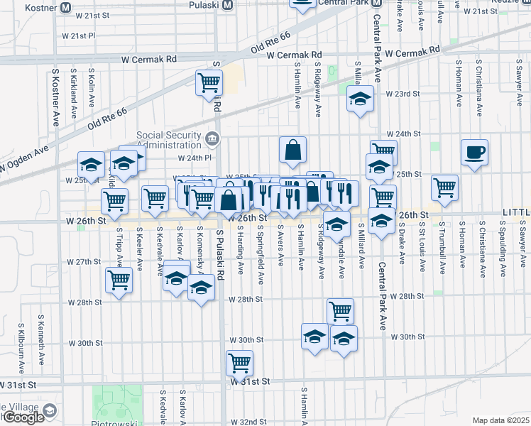 map of restaurants, bars, coffee shops, grocery stores, and more near 3856 West 26th Street in Chicago