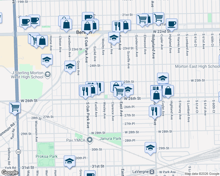 map of restaurants, bars, coffee shops, grocery stores, and more near 2531 Wesley Avenue in Berwyn
