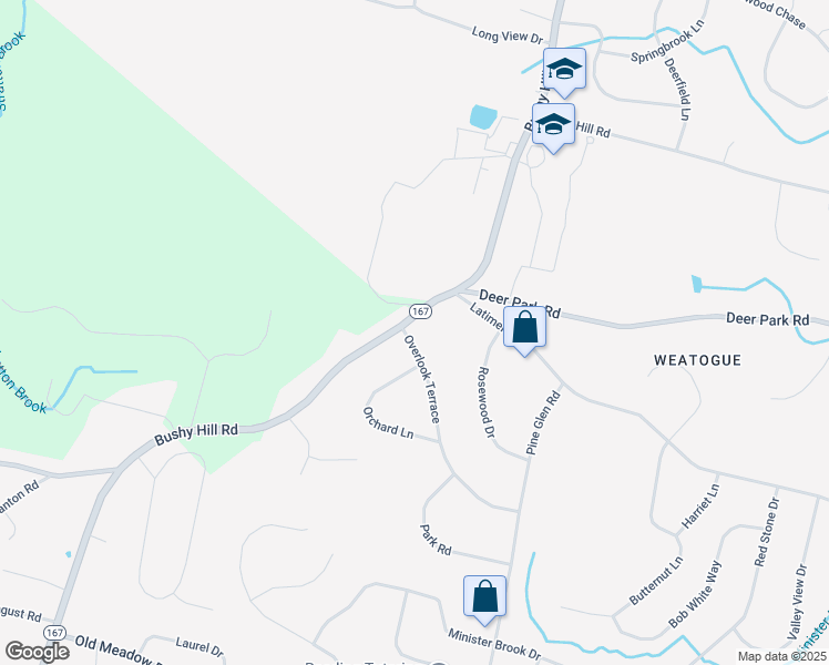 map of restaurants, bars, coffee shops, grocery stores, and more near 4 Overlook Terrace in Simsbury