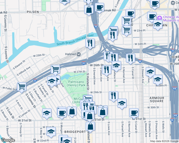 map of restaurants, bars, coffee shops, grocery stores, and more near in Chicago