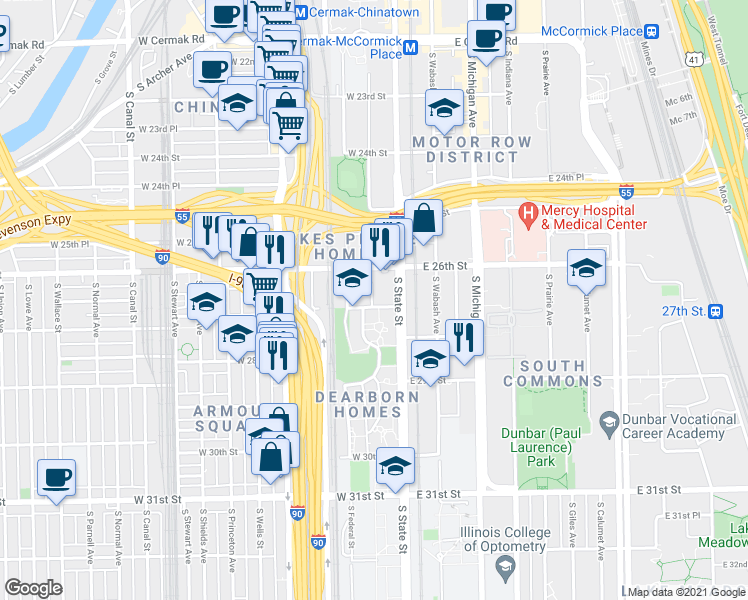 map of restaurants, bars, coffee shops, grocery stores, and more near 2700 South Dearborn Street in Chicago
