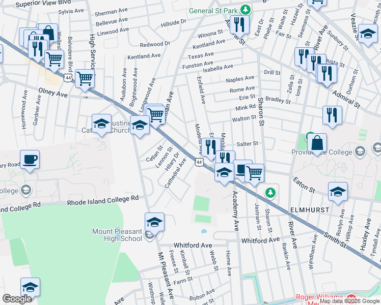 map of restaurants, bars, coffee shops, grocery stores, and more near 20 Cathedral Avenue in Providence