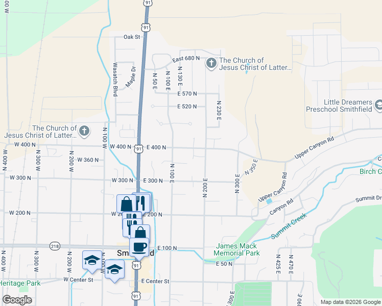 map of restaurants, bars, coffee shops, grocery stores, and more near 391 North 200 East in Smithfield