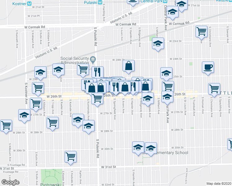 map of restaurants, bars, coffee shops, grocery stores, and more near 3856 W 26th St in Chicago