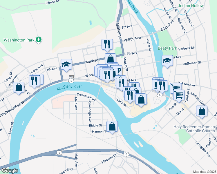 map of restaurants, bars, coffee shops, grocery stores, and more near 335 Pennsylvania Avenue West in Warren