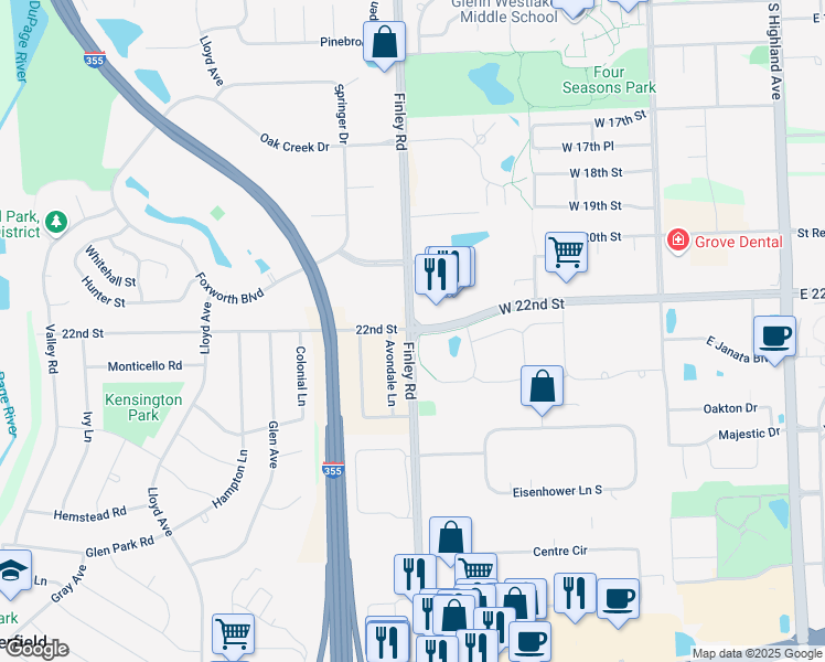 map of restaurants, bars, coffee shops, grocery stores, and more near W 22nd St & S Finley Rd in Lombard