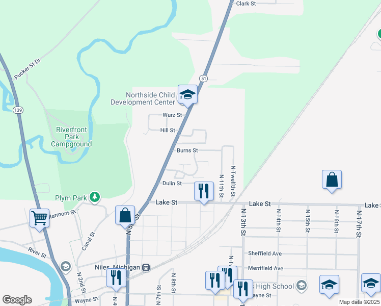 map of restaurants, bars, coffee shops, grocery stores, and more near 830 Burns Street in Niles