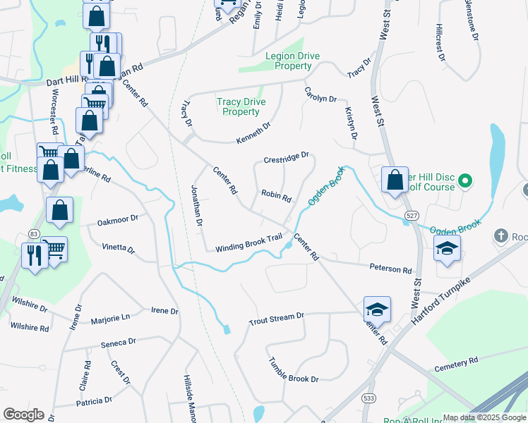map of restaurants, bars, coffee shops, grocery stores, and more near 145 Center Road in Vernon