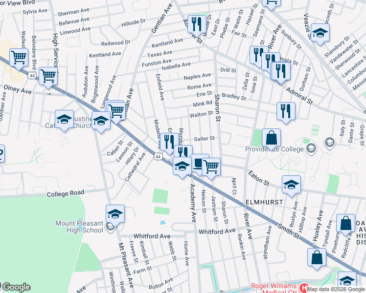 map of restaurants, bars, coffee shops, grocery stores, and more near 47 Meridian Street in Providence