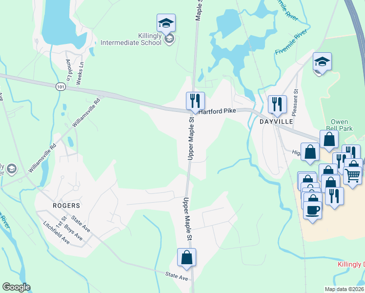 map of restaurants, bars, coffee shops, grocery stores, and more near 1029 Upper Maple Street in Killingly