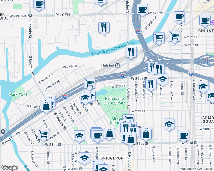 map of restaurants, bars, coffee shops, grocery stores, and more near 882 West 27th Street in Chicago