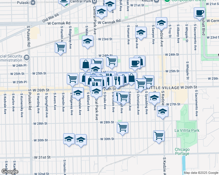 map of restaurants, bars, coffee shops, grocery stores, and more near 2614 South Saint Louis Avenue in Chicago