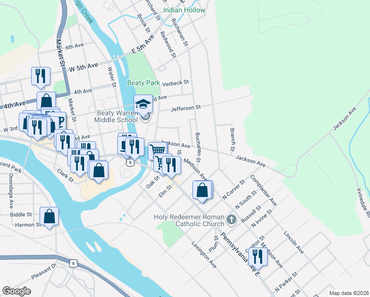 map of restaurants, bars, coffee shops, grocery stores, and more near 11 1/2 Madison Avenue in Warren