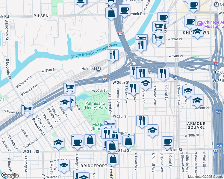 map of restaurants, bars, coffee shops, grocery stores, and more near in Chicago