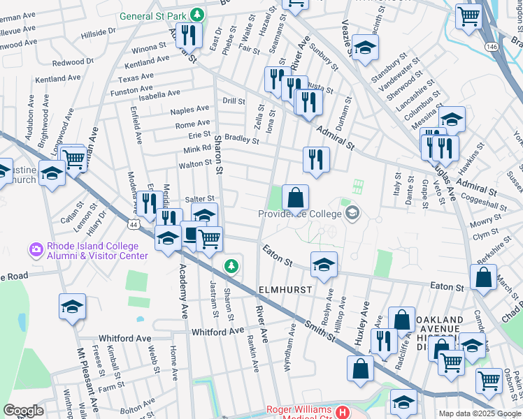 map of restaurants, bars, coffee shops, grocery stores, and more near 606 River Avenue in Providence