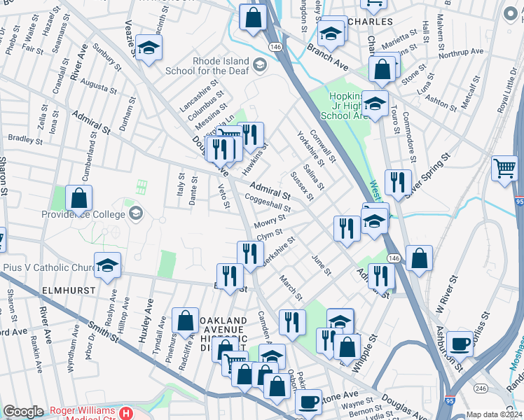 map of restaurants, bars, coffee shops, grocery stores, and more near 68 Mowry Street in Providence