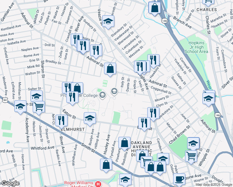 map of restaurants, bars, coffee shops, grocery stores, and more near in Providence