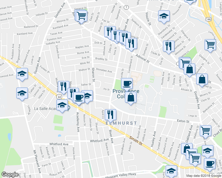 map of restaurants, bars, coffee shops, grocery stores, and more near 584 River Avenue in Providence