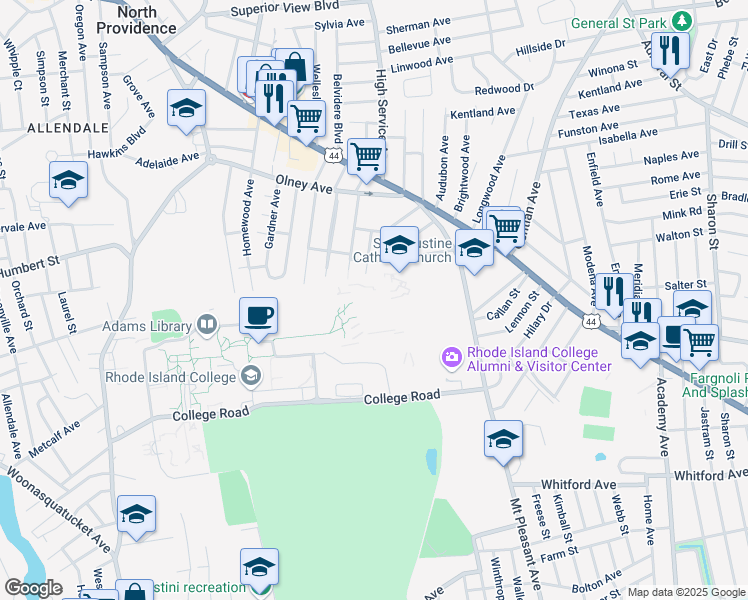map of restaurants, bars, coffee shops, grocery stores, and more near 600 Mount Pleasant Avenue in Providence