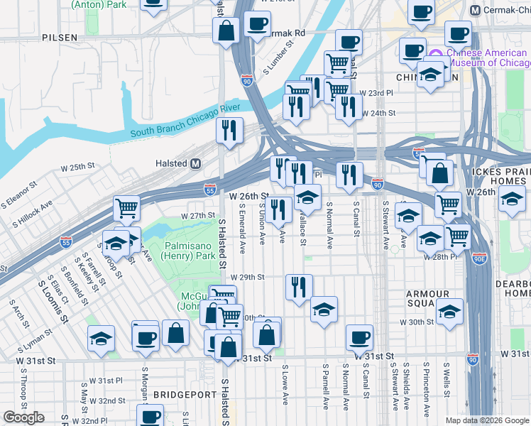 map of restaurants, bars, coffee shops, grocery stores, and more near 2713 South Union Avenue in Chicago
