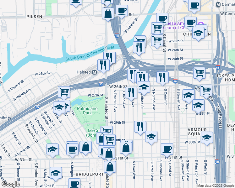 map of restaurants, bars, coffee shops, grocery stores, and more near 2713 South Emerald Avenue in Chicago